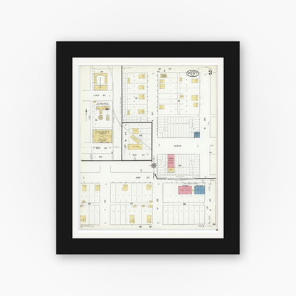 Old map wall art mockup — black gallery frame with white mat — Sanborn Fire Insurance Map from Post, Garza County, Texas (1921), Sheet #0003