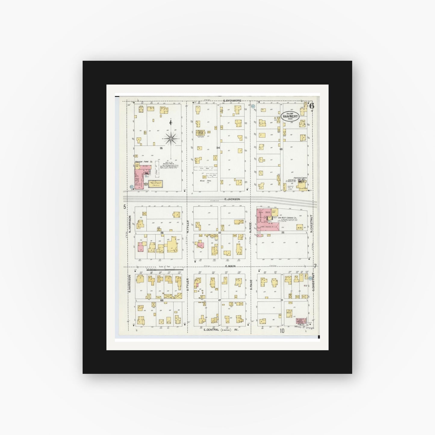 Old map wall art mockup — black gallery frame with white mat — Sanborn Fire Insurance Map from Van Wert, Van Wert County, Ohio (1901), Sheet #0006