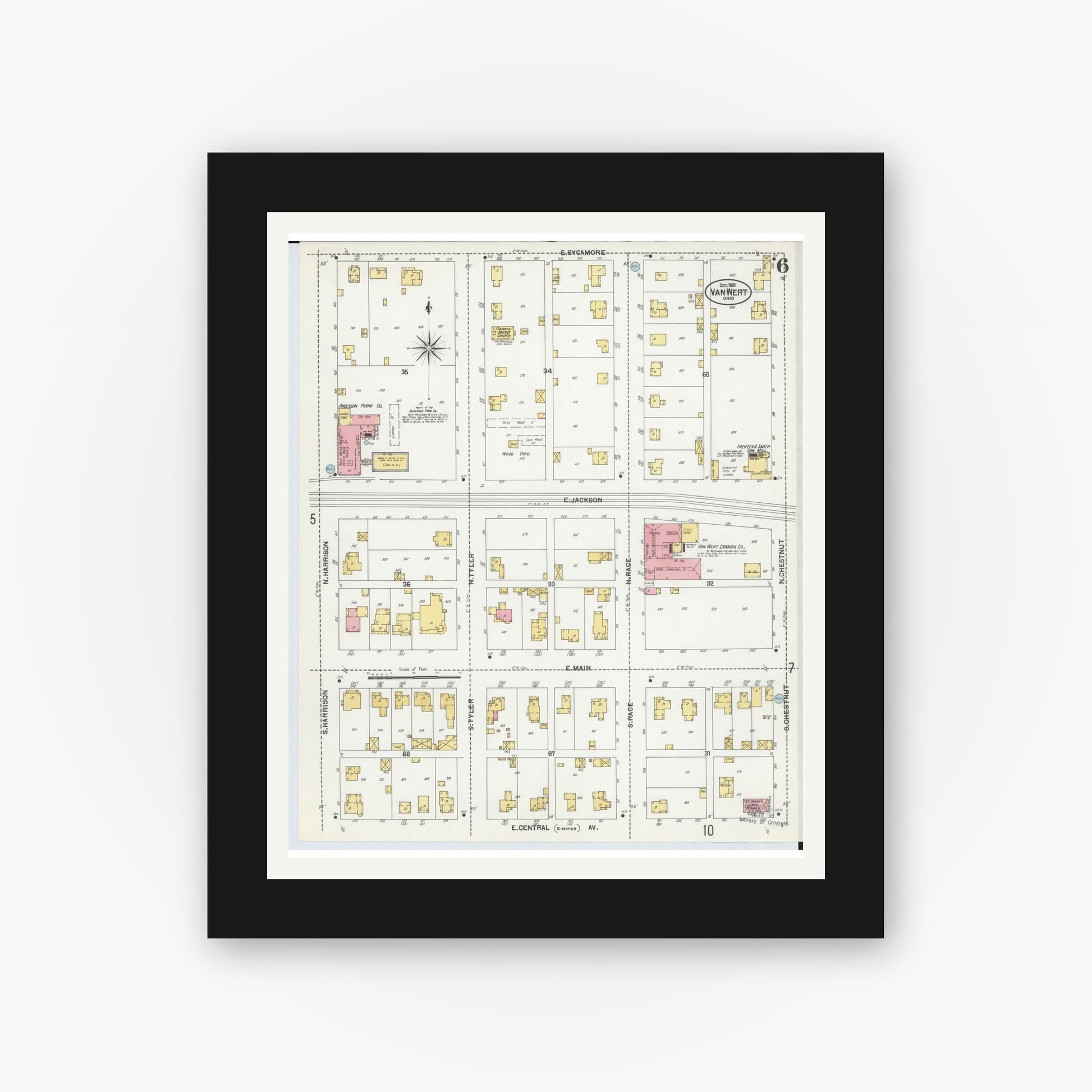 Old map wall art mockup — black gallery frame with white mat — Sanborn Fire Insurance Map from Van Wert, Van Wert County, Ohio (1901), Sheet #0006