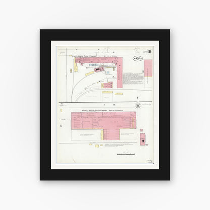 Old map wall art mockup — black gallery frame with white mat — Sanborn Fire Insurance Map from New Castle, Henry County, Indiana (1908), Sheet #0016