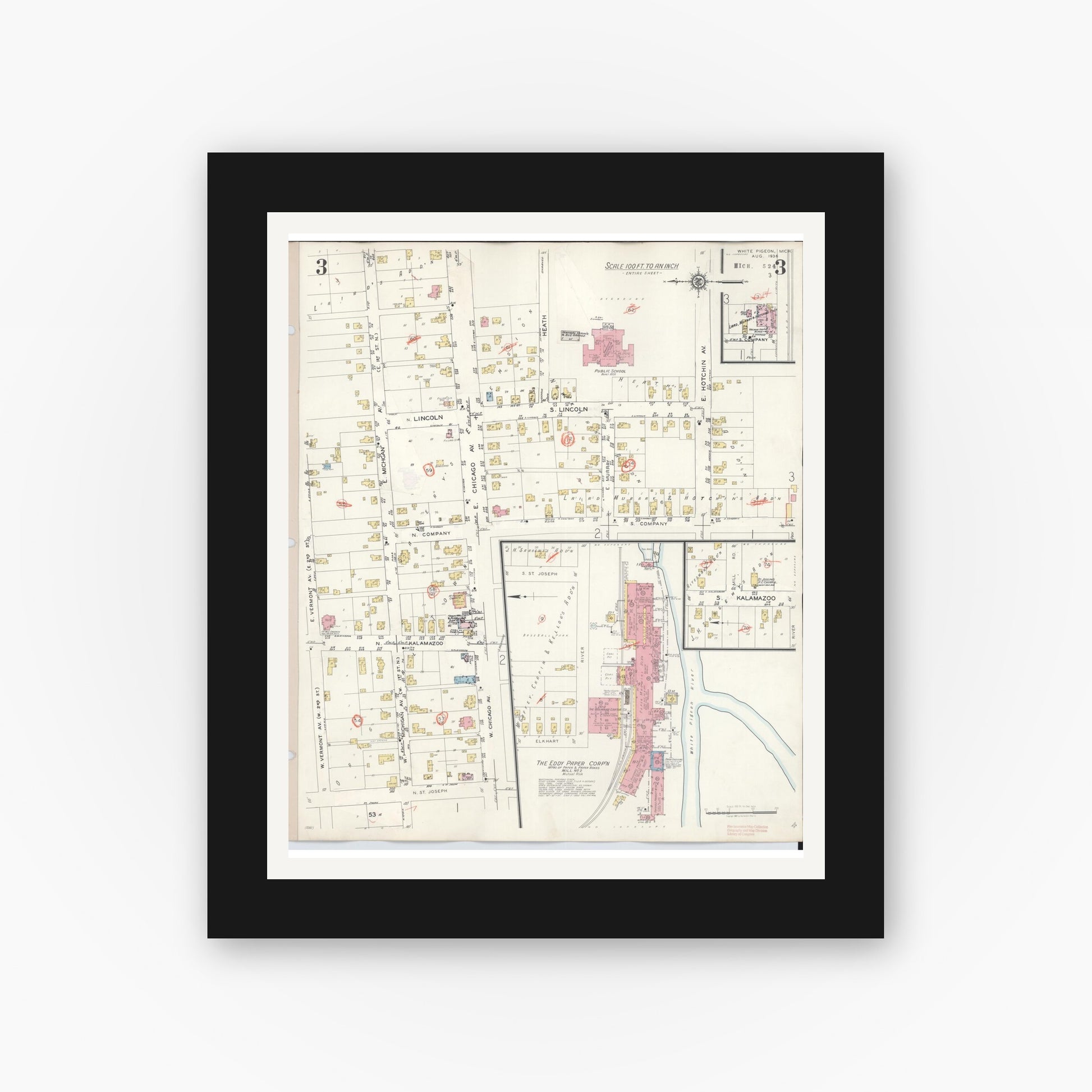 Old map wall art mockup — black gallery frame with white mat — Sanborn Fire Insurance Map from White Pigeon, Saint Joseph County, Michigan (1954), Sheet #0003