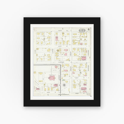 Old map wall art mockup — black gallery frame with white mat — Sanborn Fire Insurance Map from Washington, Daviess County, Indiana (1896), Sheet #0006