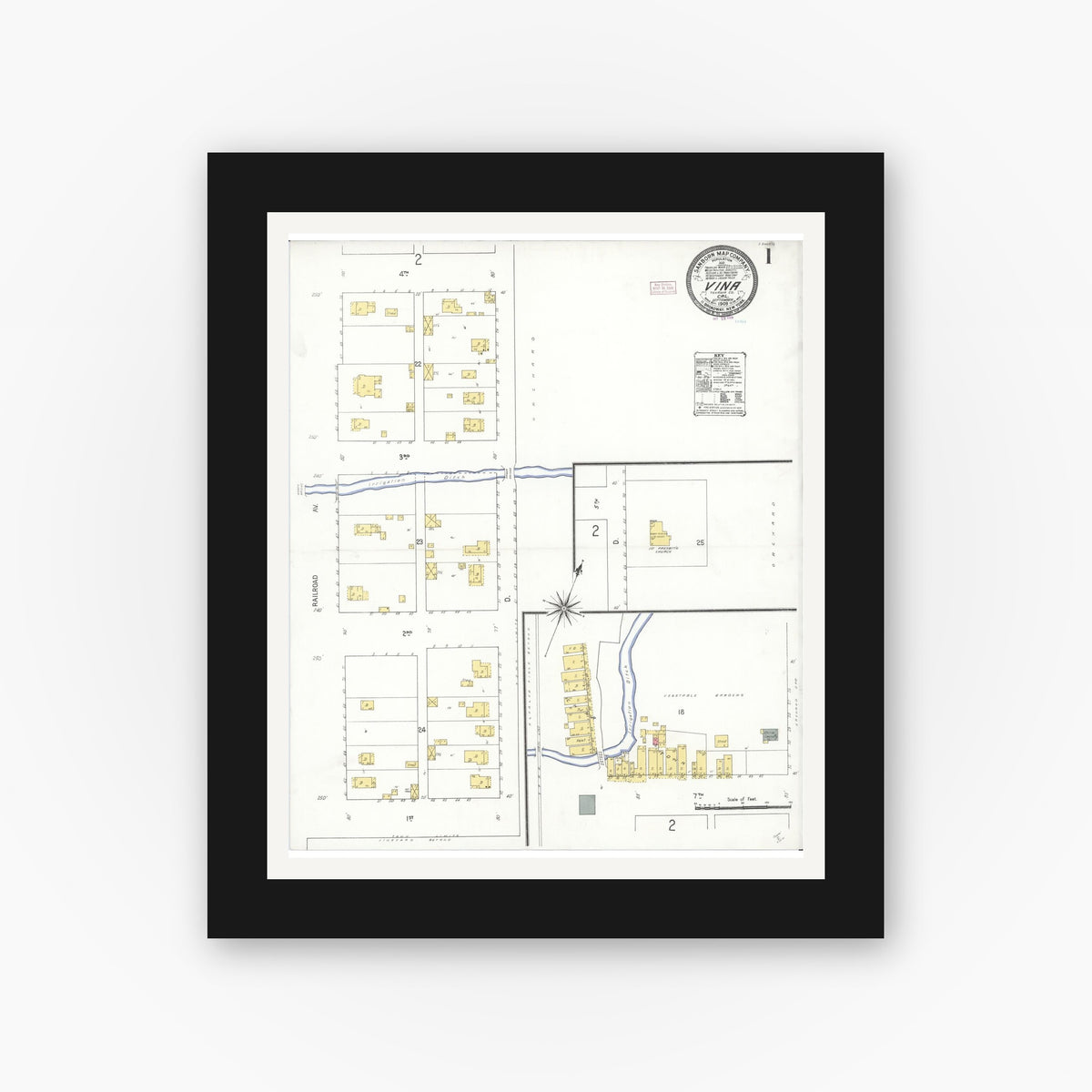 Old map wall art mockup — black gallery frame with white mat — Sanborn Fire Insurance Map from Vina, Tehama County, California (1909) - Complete Map Set