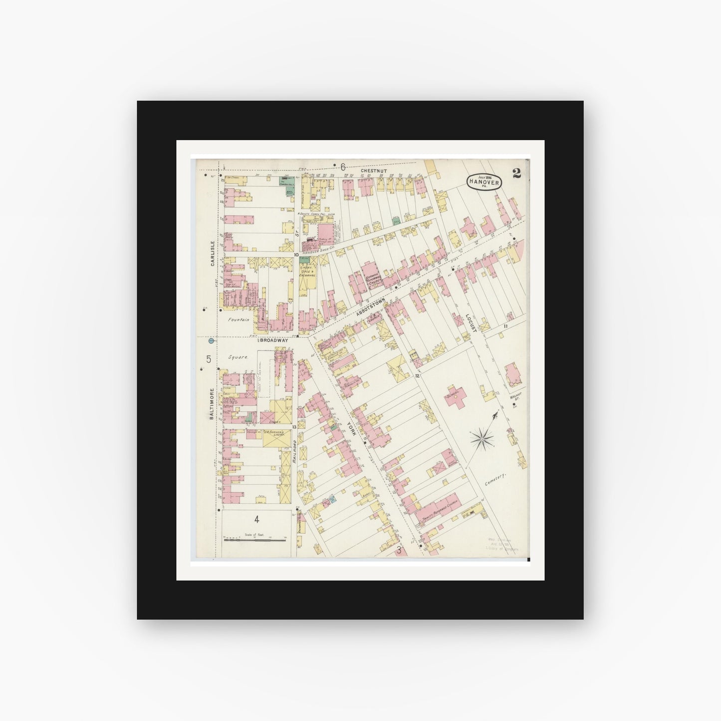 Old map wall art mockup — black gallery frame with white mat — Sanborn Fire Insurance Map from Hanover, York County, Pennsylvania (1896), Sheet #0002