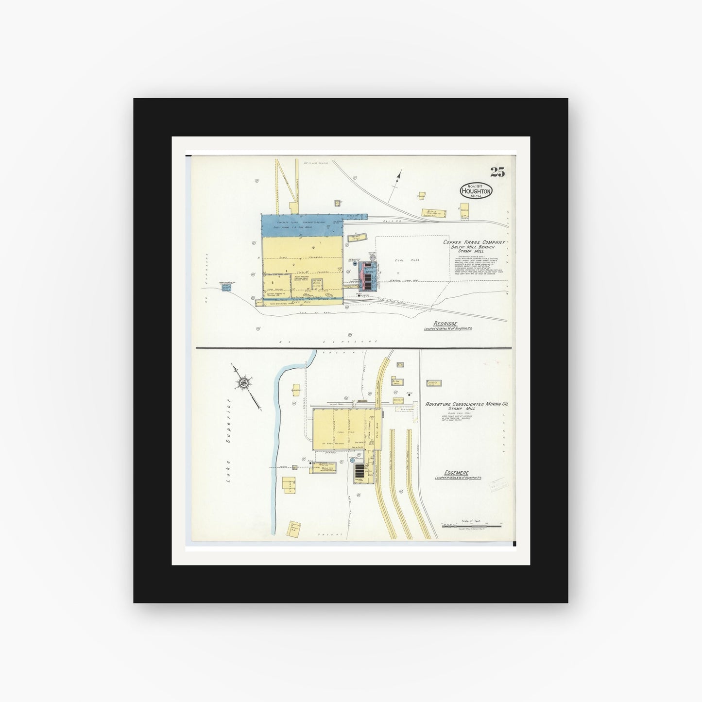 Old map wall art mockup — black gallery frame with white mat — Sanborn Fire Insurance Map from Houghton, Houghton County, Michigan (1917), Sheet #0025