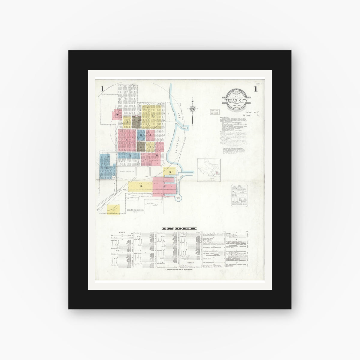 Old map wall art mockup — black gallery frame with white mat — Sanborn Fire Insurance Map from Texas City, Galveston County, Texas (1931), Sheet #0001