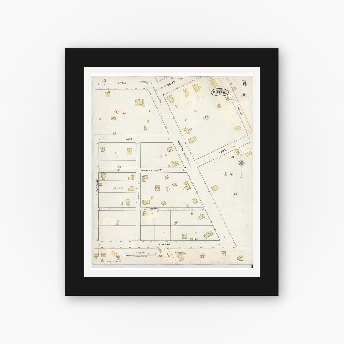 Old map wall art mockup — black gallery frame with white mat — Sanborn Fire Insurance Map from Mansfield, Tarrant County, Texas (1933), Sheet #0006