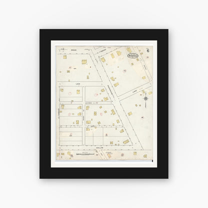 Old map wall art mockup — black gallery frame with white mat — Sanborn Fire Insurance Map from Mansfield, Tarrant County, Texas (1933), Sheet #0006
