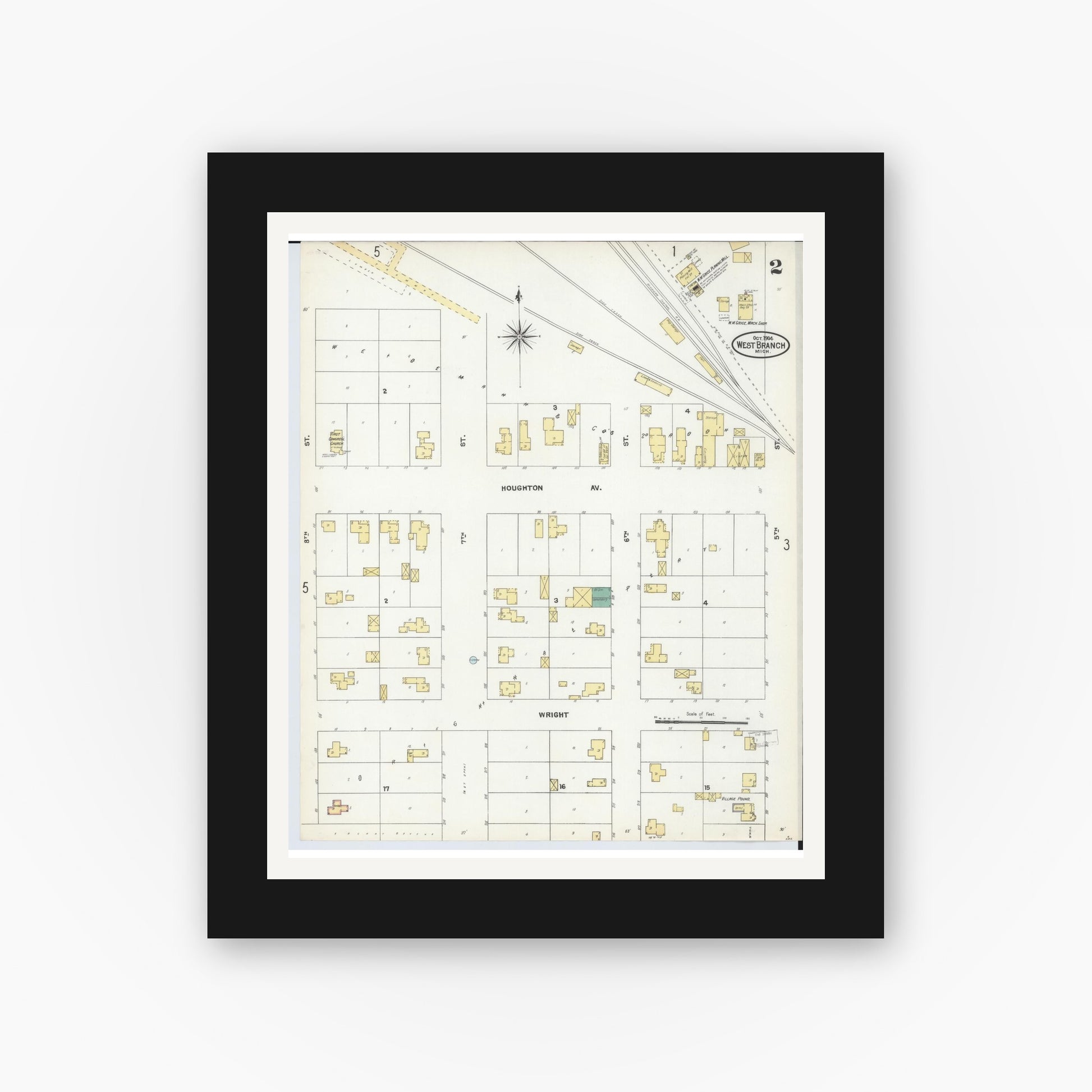 Old map wall art mockup — black gallery frame with white mat — Sanborn Fire Insurance Map from West Branch, Ogemaw County, Michigan (1904), Sheet #0002
