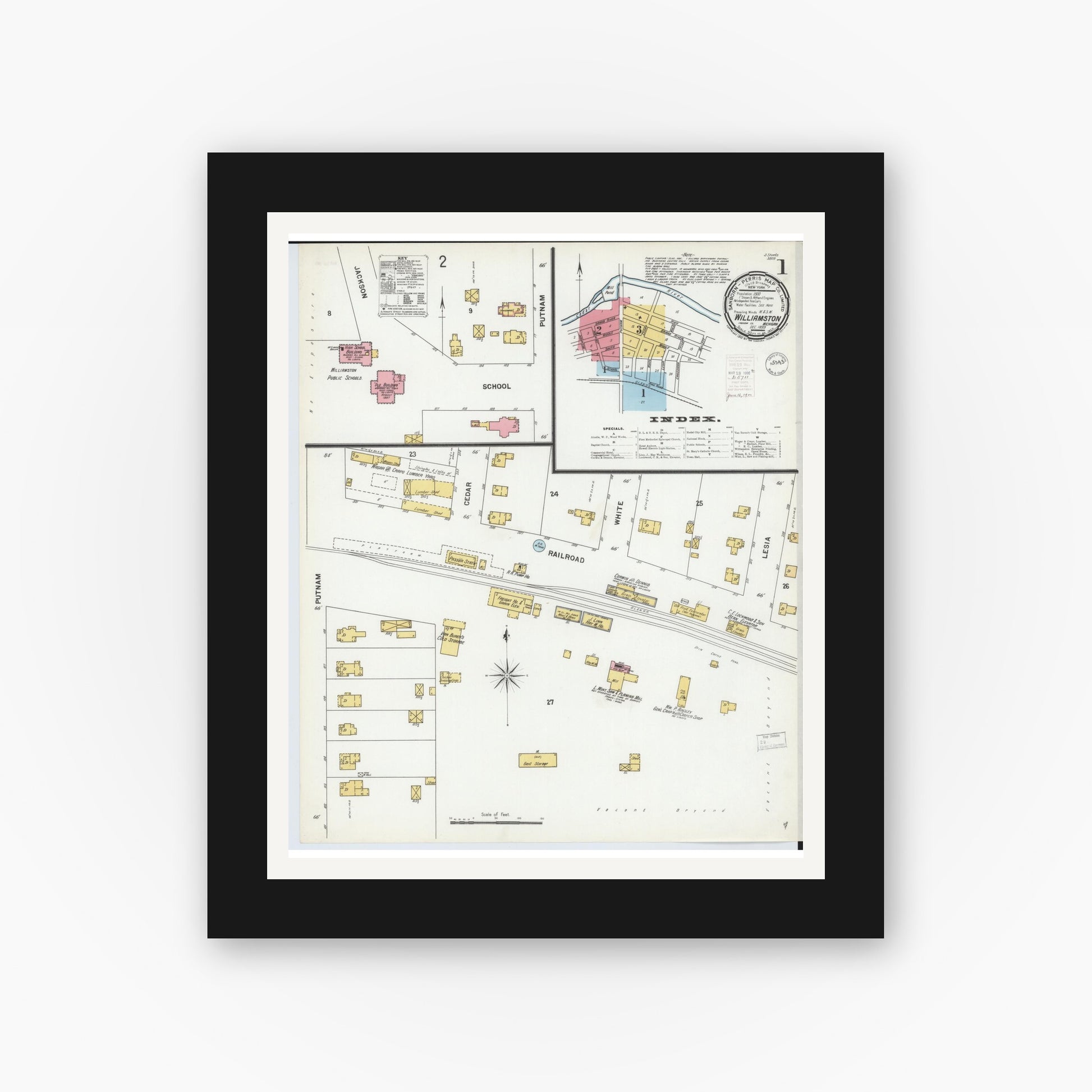 Old map wall art mockup — black gallery frame with white mat — Sanborn Fire Insurance Map from Williamston, Ingham County, Michigan (1899) - Complete Map Set