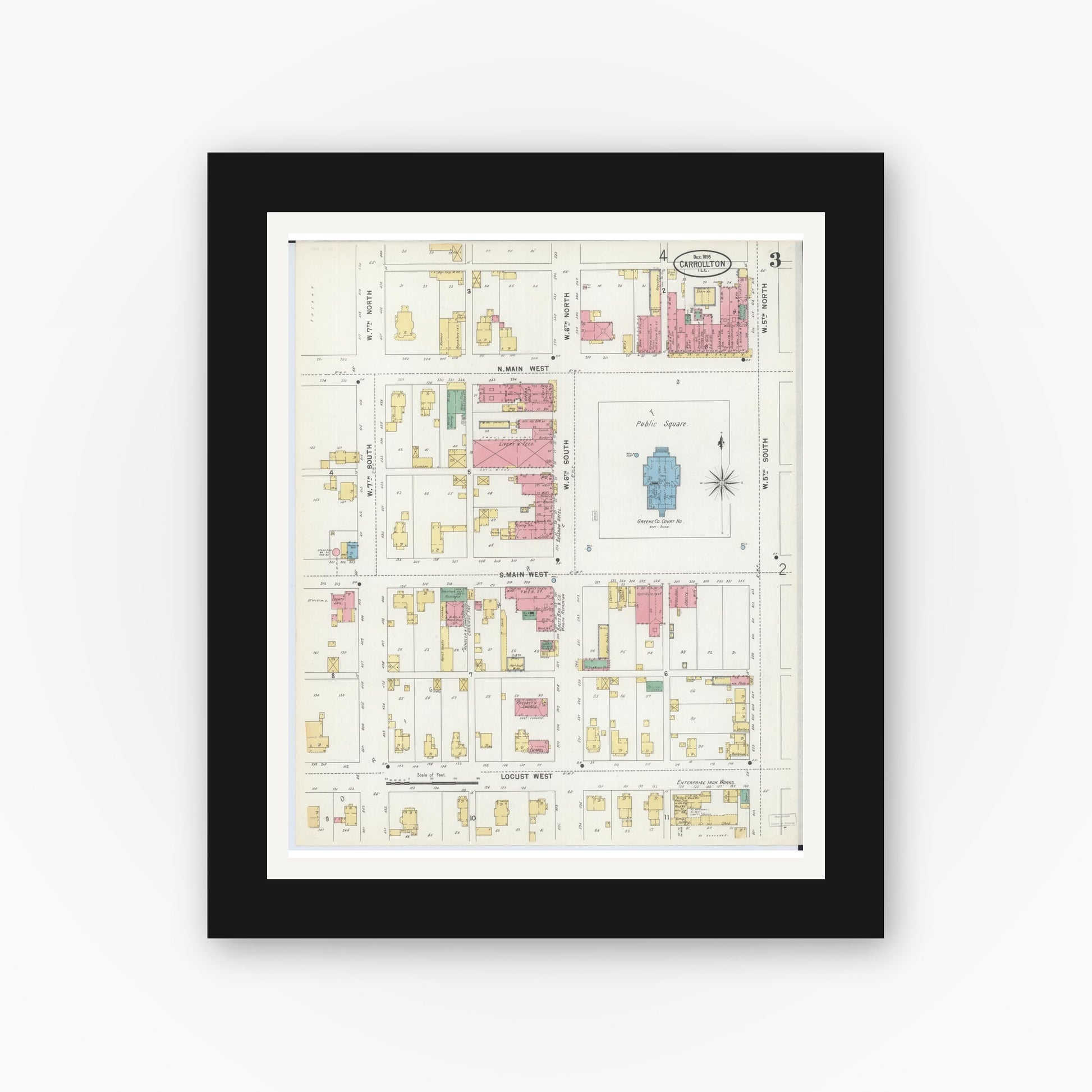 Old map wall art mockup — black gallery frame with white mat — Sanborn Fire Insurance Map from Carrollton, Greene County, Illinois (1898), Sheet #0003