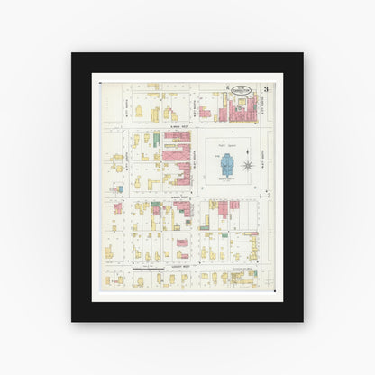 Old map wall art mockup — black gallery frame with white mat — Sanborn Fire Insurance Map from Carrollton, Greene County, Illinois (1898), Sheet #0003