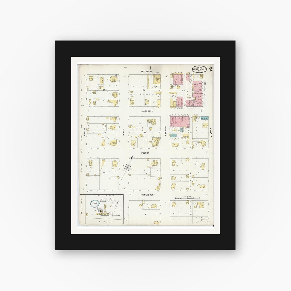 Old map wall art mockup — black gallery frame with white mat — Sanborn Fire Insurance Map from Van Alstyne, Grayson County, Texas (1896), Sheet #0002