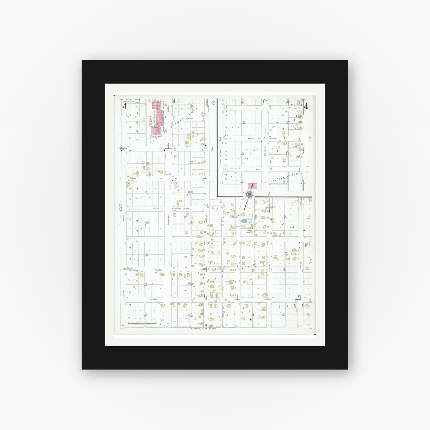 Old map wall art mockup — black gallery frame with white mat — Sanborn Fire Insurance Map from Taylorsville, Muskingum County, Ohio (1946), Sheet #0004