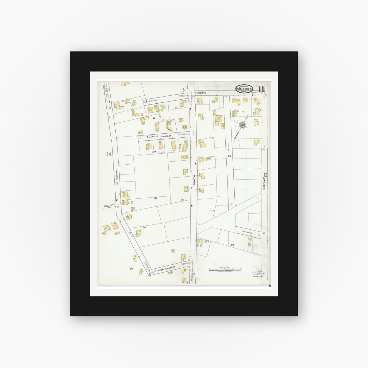 Old map wall art mockup — black gallery frame with white mat — Sanborn Fire Insurance Map from Marlborough, Middlesex County, Massachusetts (1920), Sheet #0011