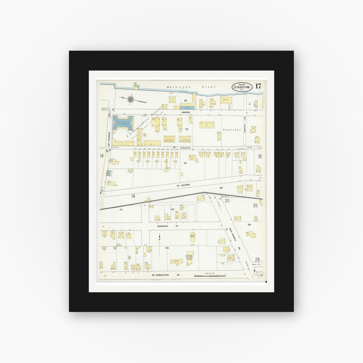 Old map wall art mockup — black gallery frame with white mat — Sanborn Fire Insurance Map from Saint Augustine, Saint John's County, Florida (1910), Sheet #0017
