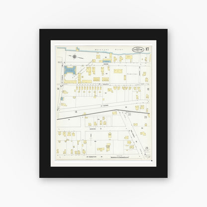 Old map wall art mockup — black gallery frame with white mat — Sanborn Fire Insurance Map from Saint Augustine, Saint John's County, Florida (1910), Sheet #0017
