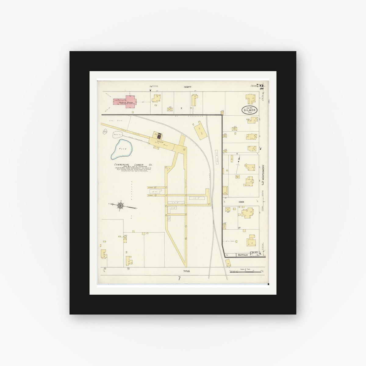 Old map wall art mockup — black gallery frame with white mat — Sanborn Fire Insurance Map from Gilmer, Upshur County, Texas (1912), Sheet #0002