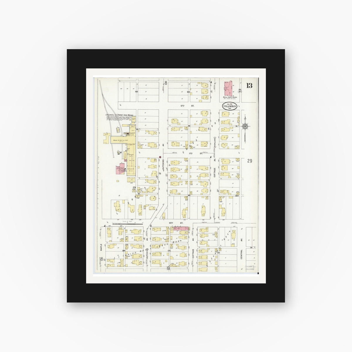 Old map wall art mockup — black gallery frame with white mat — Sanborn Fire Insurance Map from Columbus, Bartholomew County, Indiana (1912), Sheet #0013