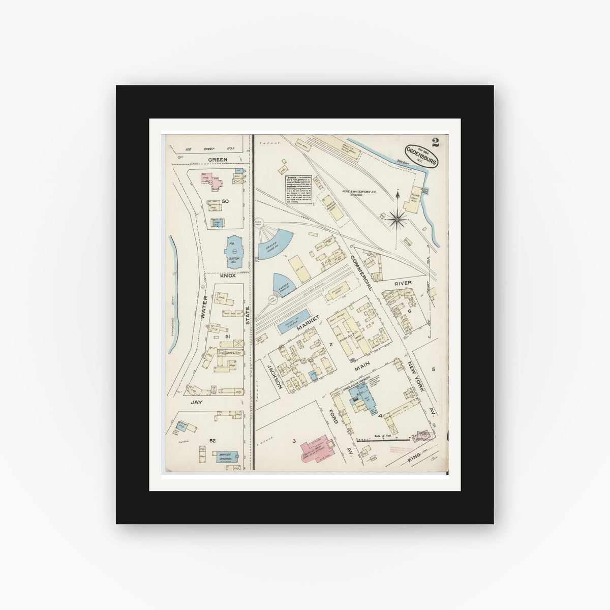 Old map wall art mockup — black gallery frame with white mat — Sanborn Fire Insurance Map from Ogdensburg, St. Lawrence County, New York (1884), Sheet #0002