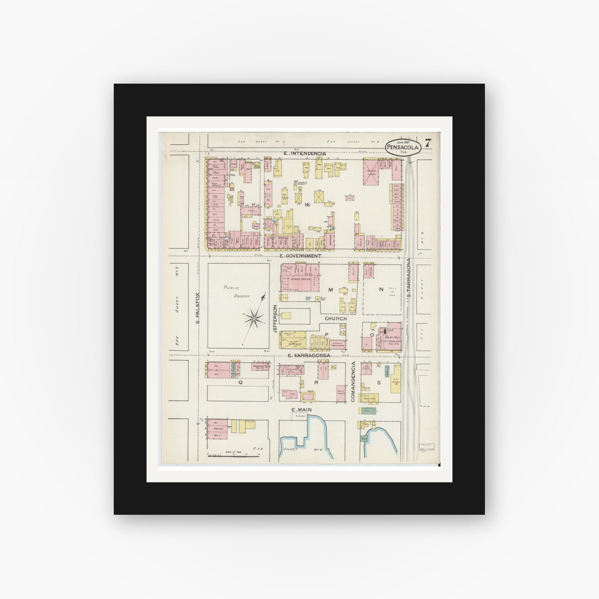 Old map wall art mockup — black gallery frame with white mat — Sanborn Fire Insurance Map from Pensacola, Escambia County, Florida (1887), Sheet #0007