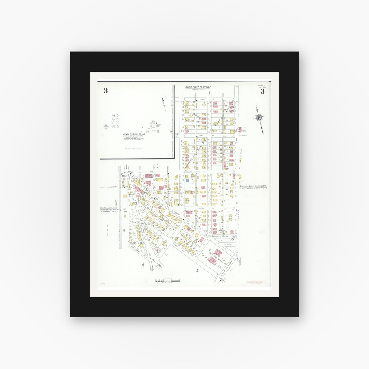 Old map wall art mockup — black gallery frame with white mat — Sanborn Fire Insurance Map from Dupo, Saint Clair County, Illinois (1941), Sheet #0003