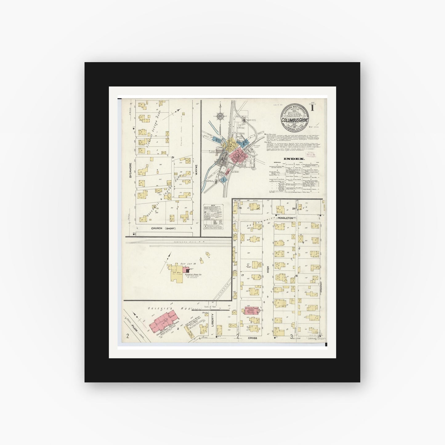 Old map wall art mockup — black gallery frame with white mat — Sanborn Fire Insurance Map from Columbus Grove, Putnam County, Ohio (1911) - Complete Map Set