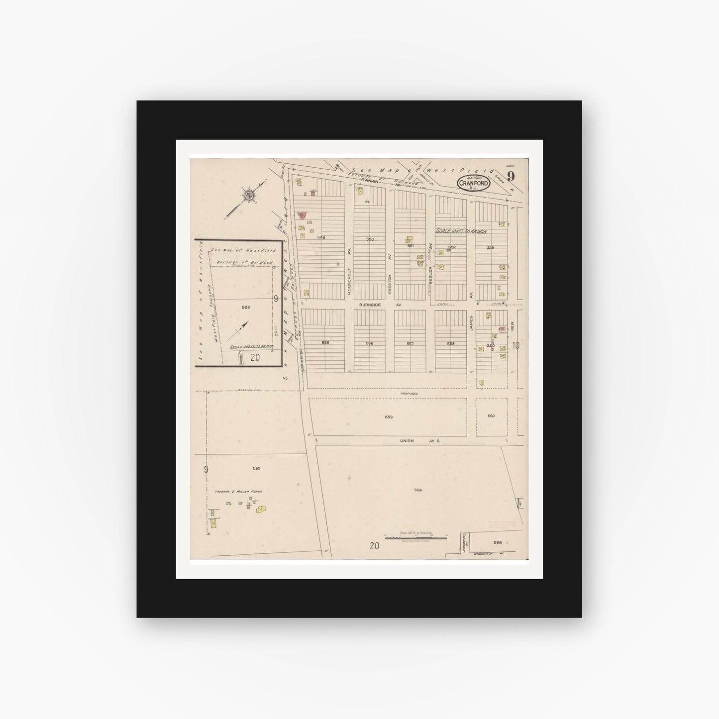 Old map wall art mockup — black gallery frame with white mat — Sanborn Fire Insurance Map from Cranford, Union County, New Jersey (1922), Sheet #0009