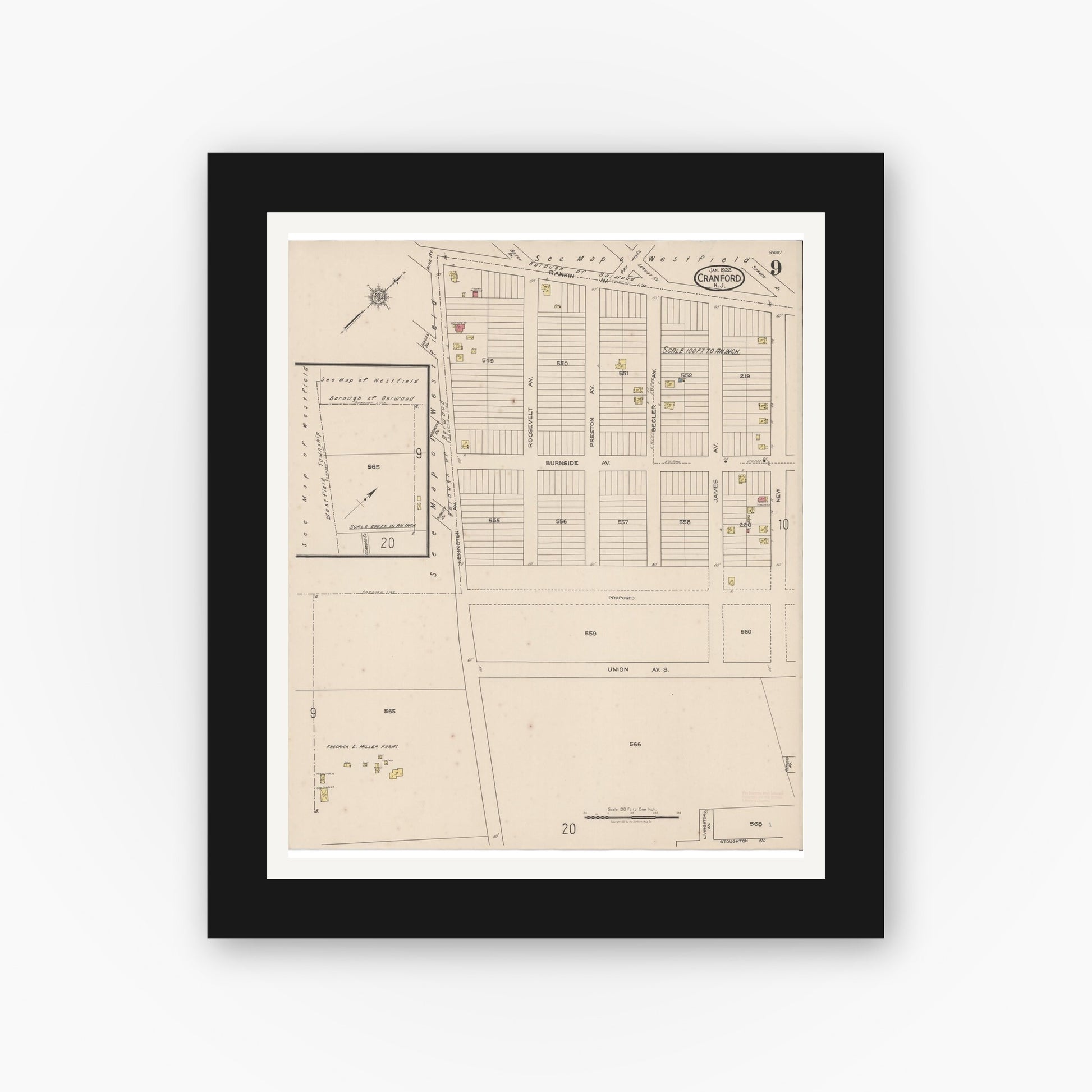Old map wall art mockup — black gallery frame with white mat — Sanborn Fire Insurance Map from Cranford, Union County, New Jersey (1922), Sheet #0009