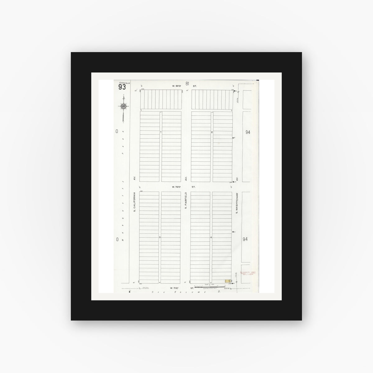 Old map wall art mockup — black gallery frame with white mat — Sanborn Fire Insurance Map from Chicago, Cook County, Illinois (1920), Sheet #0093