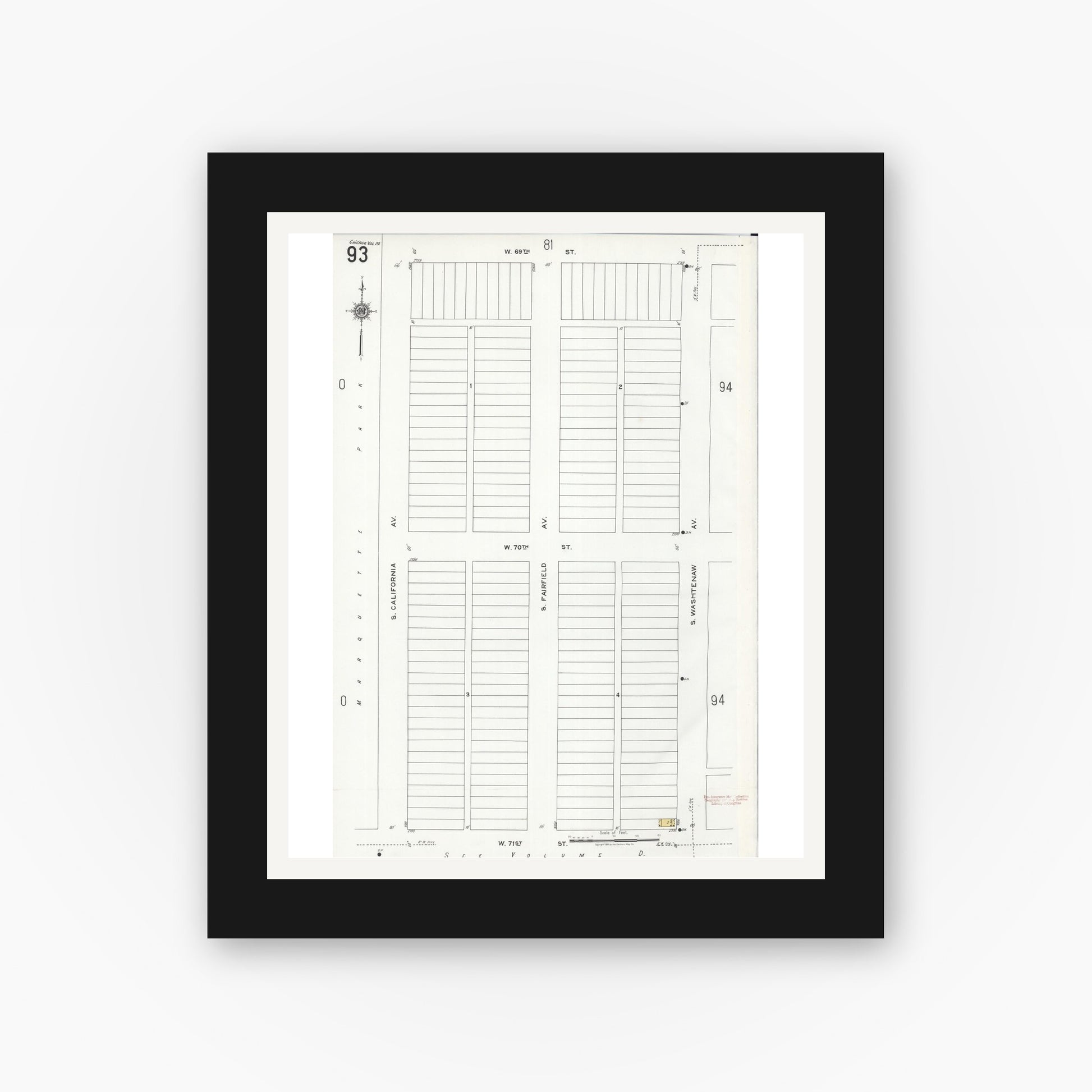 Old map wall art mockup — black gallery frame with white mat — Sanborn Fire Insurance Map from Chicago, Cook County, Illinois (1920), Sheet #0093