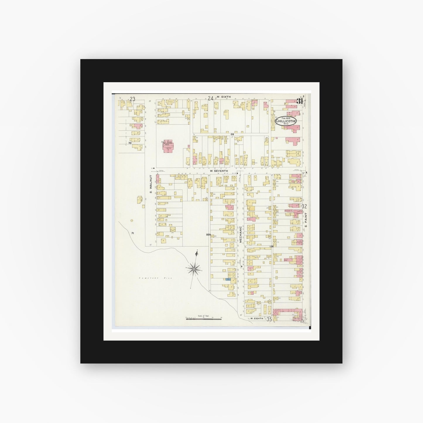 Old map wall art mockup — black gallery frame with white mat — Sanborn Fire Insurance Map from Chillicothe, Ross County, Ohio (1909), Sheet #0031