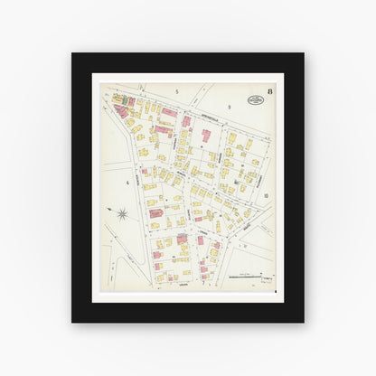 Old map wall art mockup — black gallery frame with white mat — Sanborn Fire Insurance Map from Chicopee, Hampden County, Massachusetts (1902), Sheet #0008