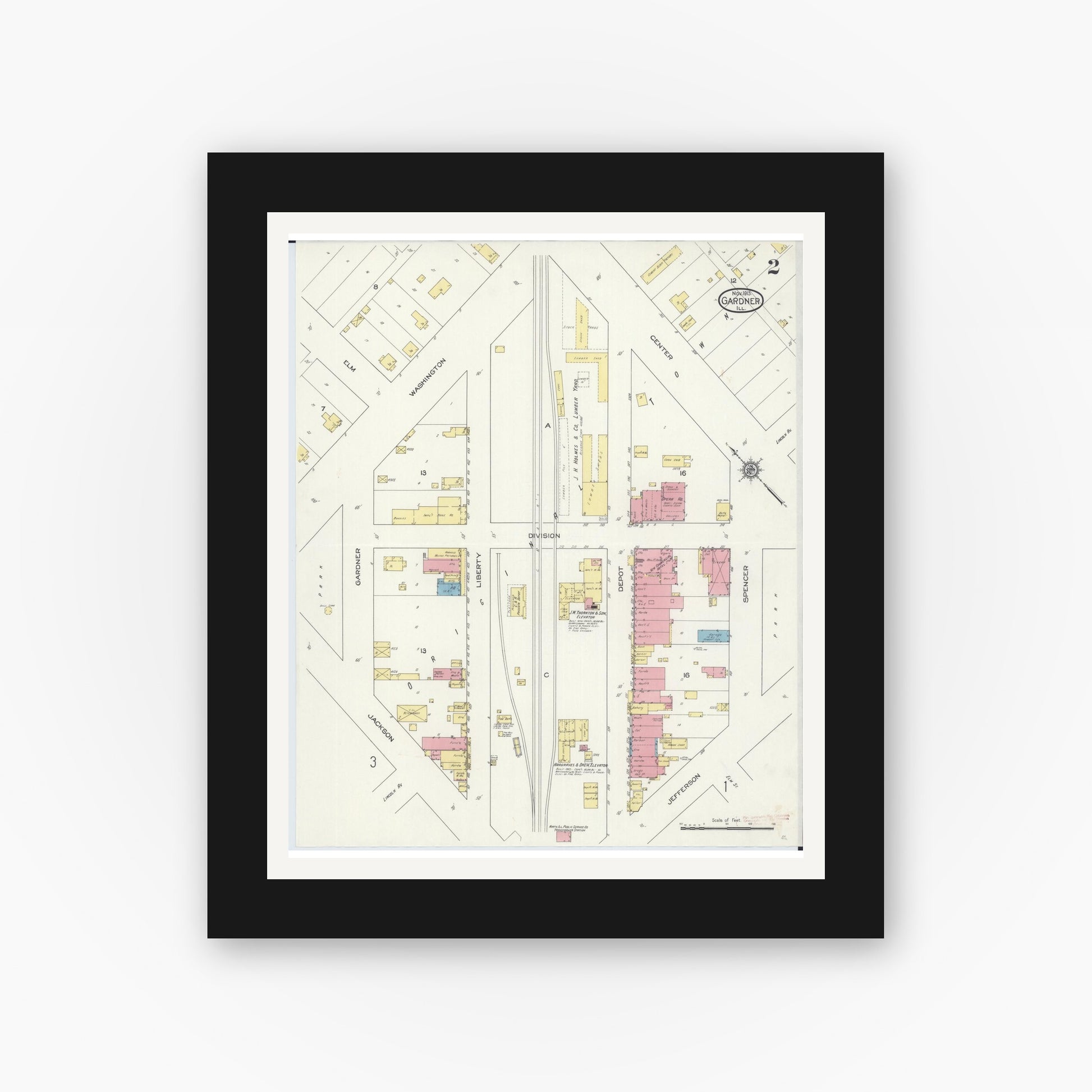 Old map wall art mockup — black gallery frame with white mat — Sanborn Fire Insurance Map from Gardner, Grundy County, Illinois (1913), Sheet #0002