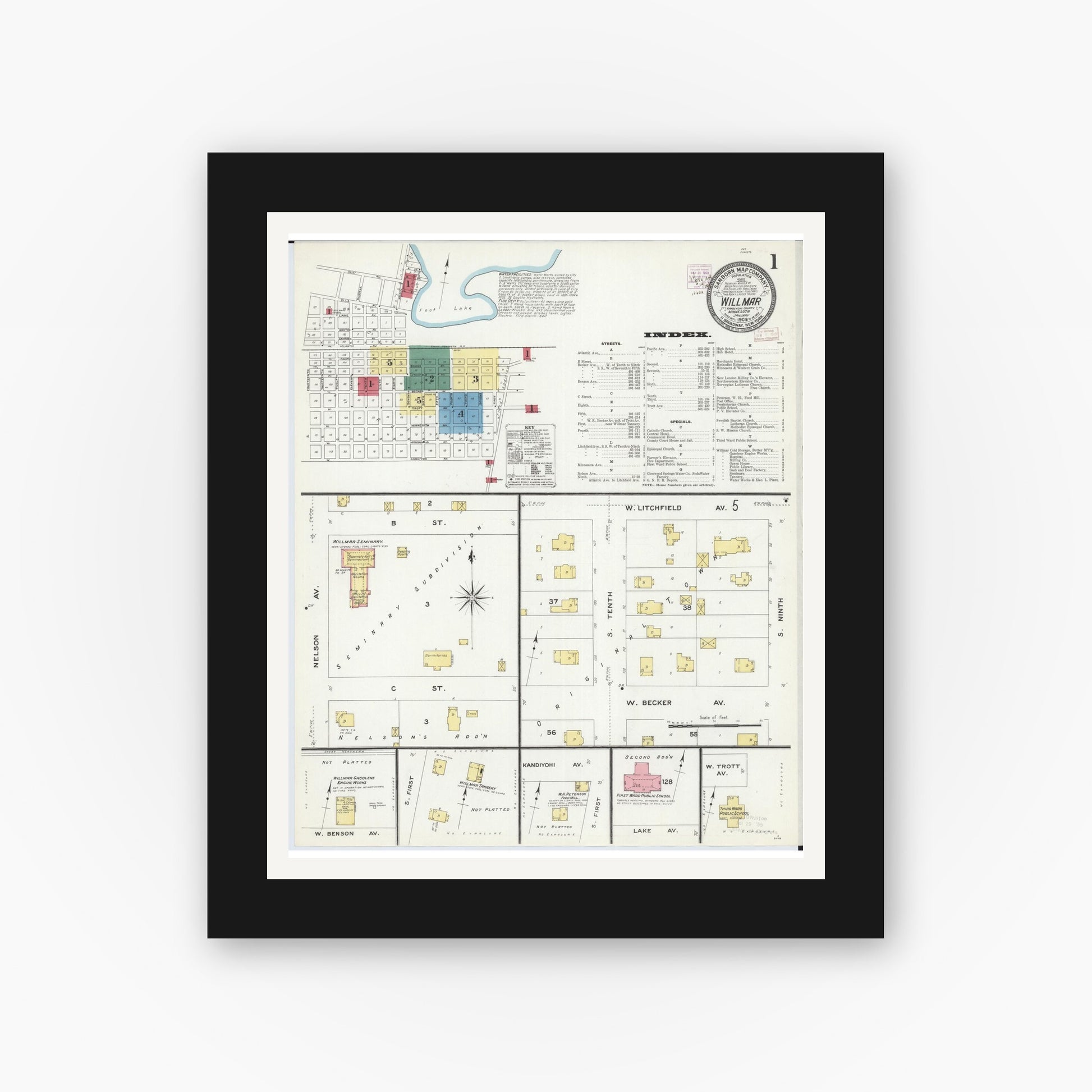 Old map wall art mockup — black gallery frame with white mat — Sanborn Fire Insurance Map from Willmar, Kandiyohi County, Minnesota (1909) - Complete Map Set