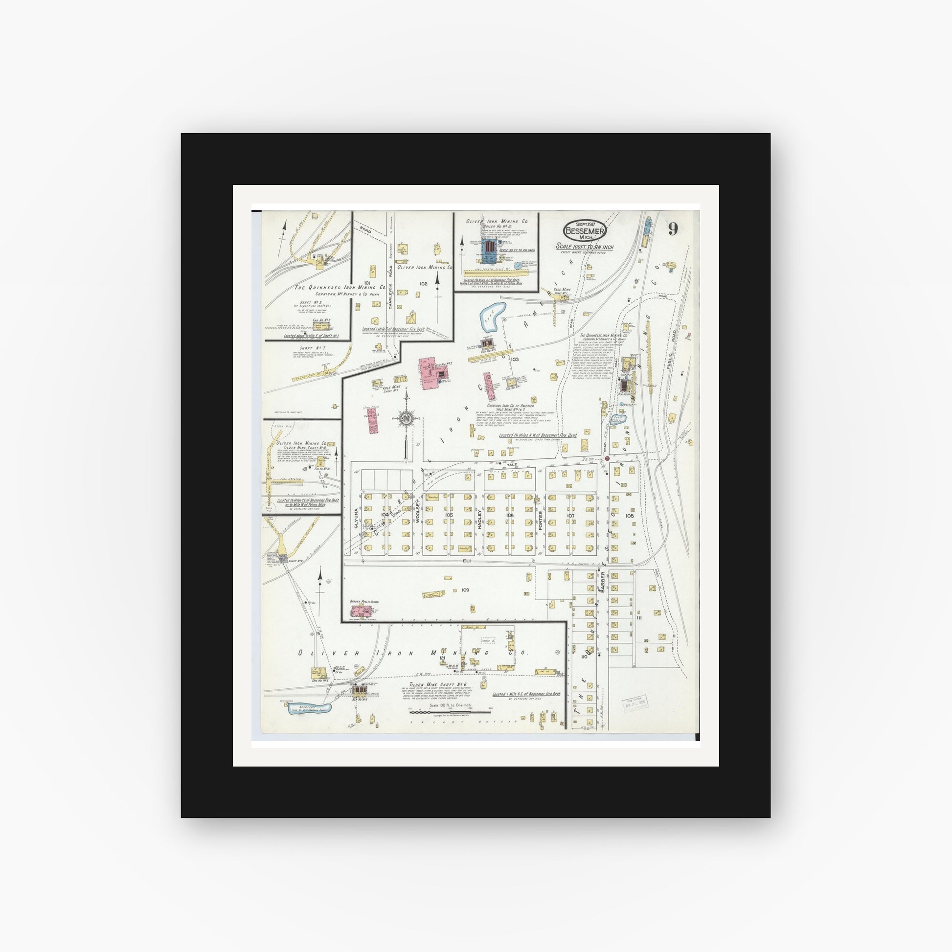 Old map wall art mockup — black gallery frame with white mat — Sanborn Fire Insurance Map from Bessemer, Gogebic County, Michigan (1917), Sheet #0009