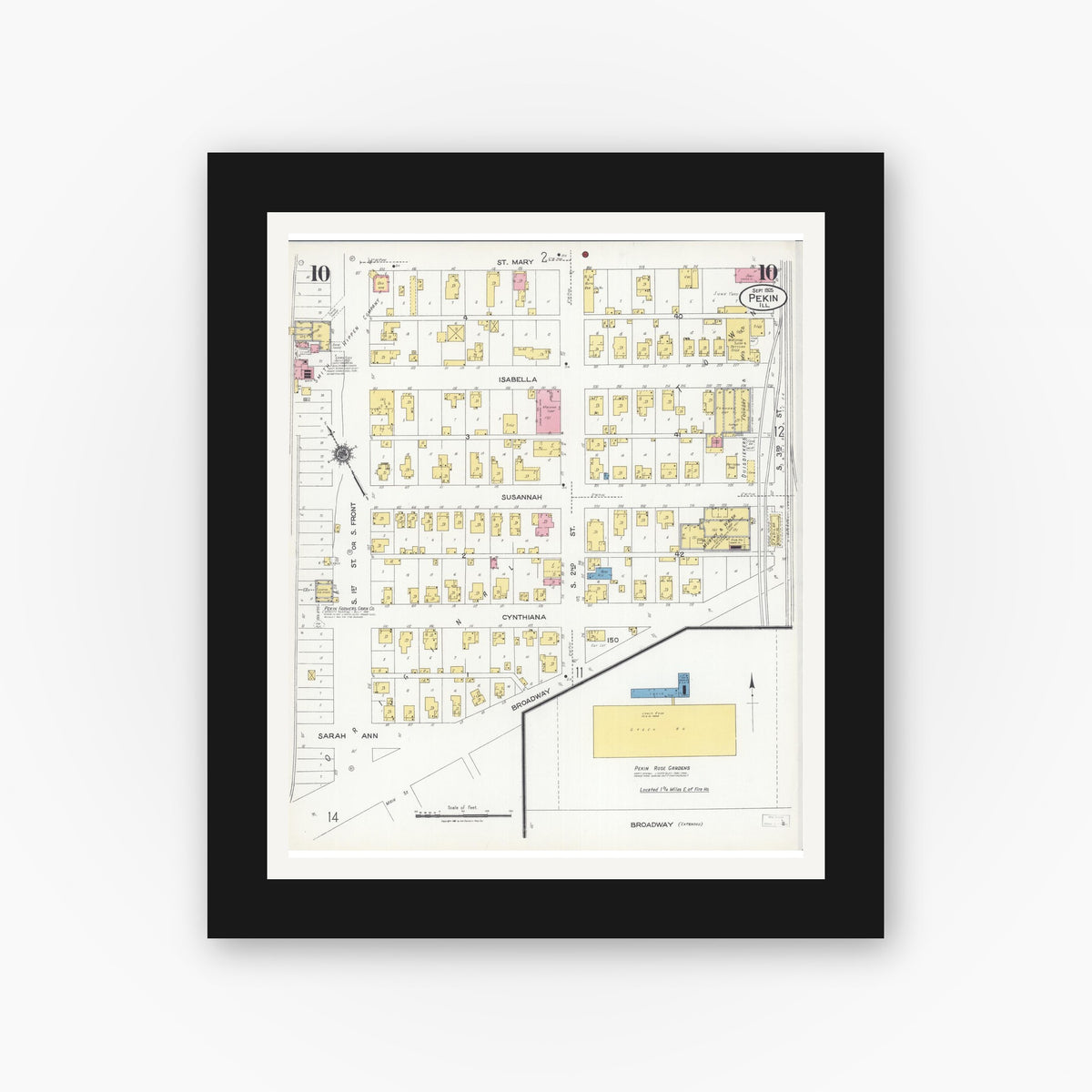 Old map wall art mockup — black gallery frame with white mat — Sanborn Fire Insurance Map from Pekin, Tazewell County, Illinois (1925), Sheet #0010