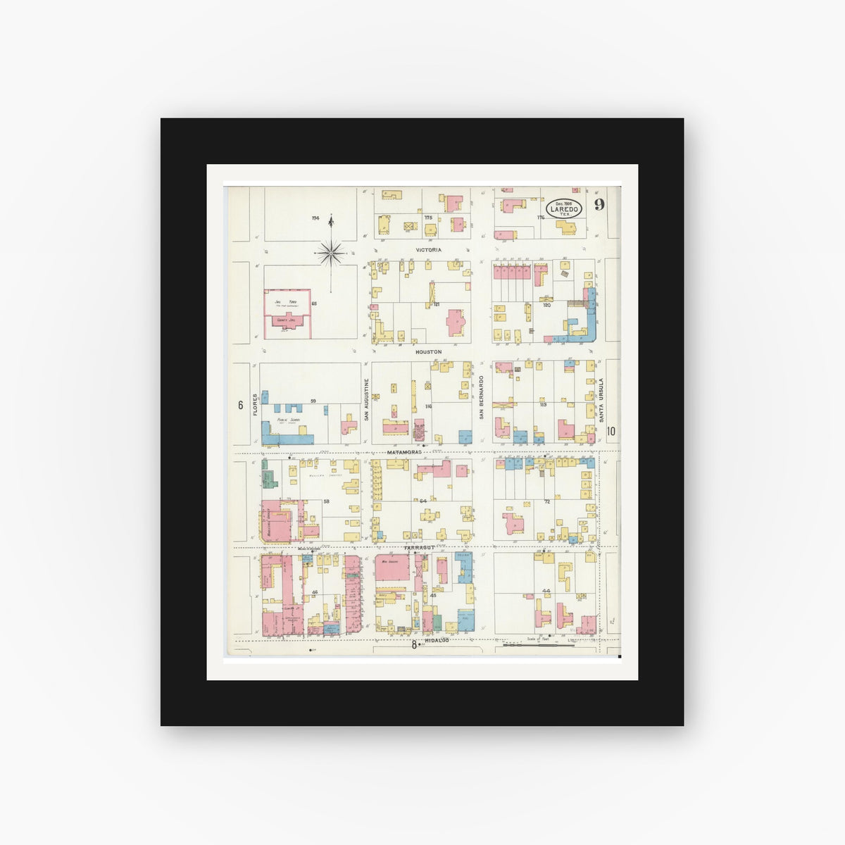 Old map wall art mockup — black gallery frame with white mat — Sanborn Fire Insurance Map from Laredo, Webb County, Texas (1905), Sheet #0009