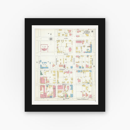 Old map wall art mockup — black gallery frame with white mat — Sanborn Fire Insurance Map from Laredo, Webb County, Texas (1905), Sheet #0009