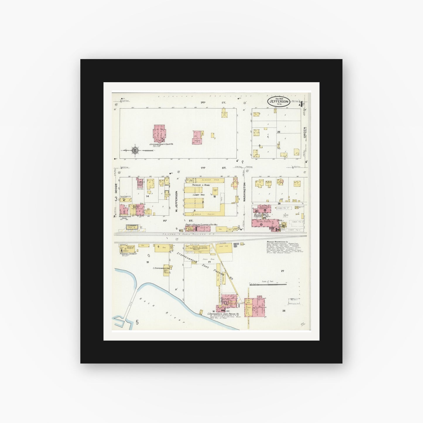 Old map wall art mockup — black gallery frame with white mat — Sanborn Fire Insurance Map from Jefferson, Jefferson County, Wisconsin (1909), Sheet #0004