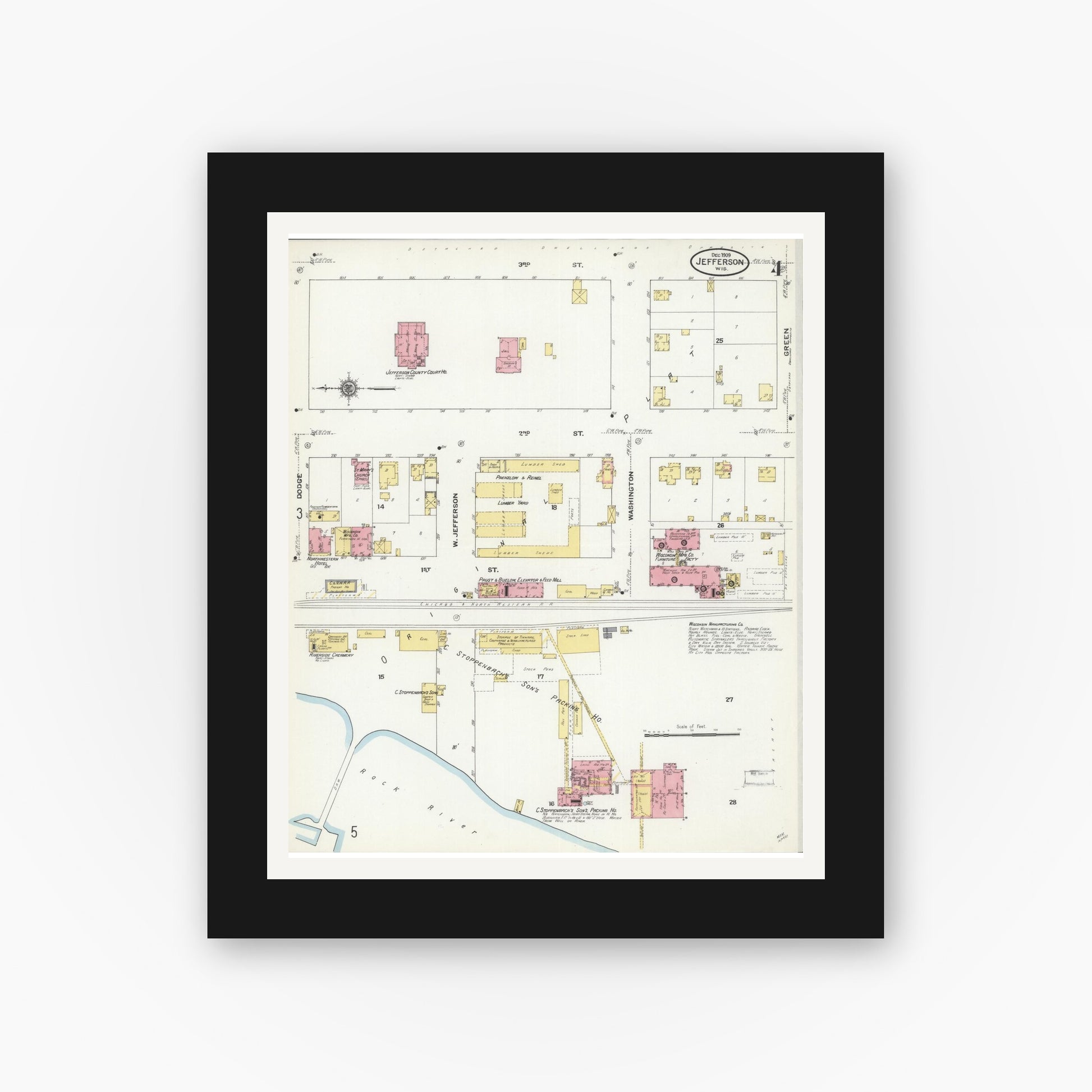 Old map wall art mockup — black gallery frame with white mat — Sanborn Fire Insurance Map from Jefferson, Jefferson County, Wisconsin (1909), Sheet #0004