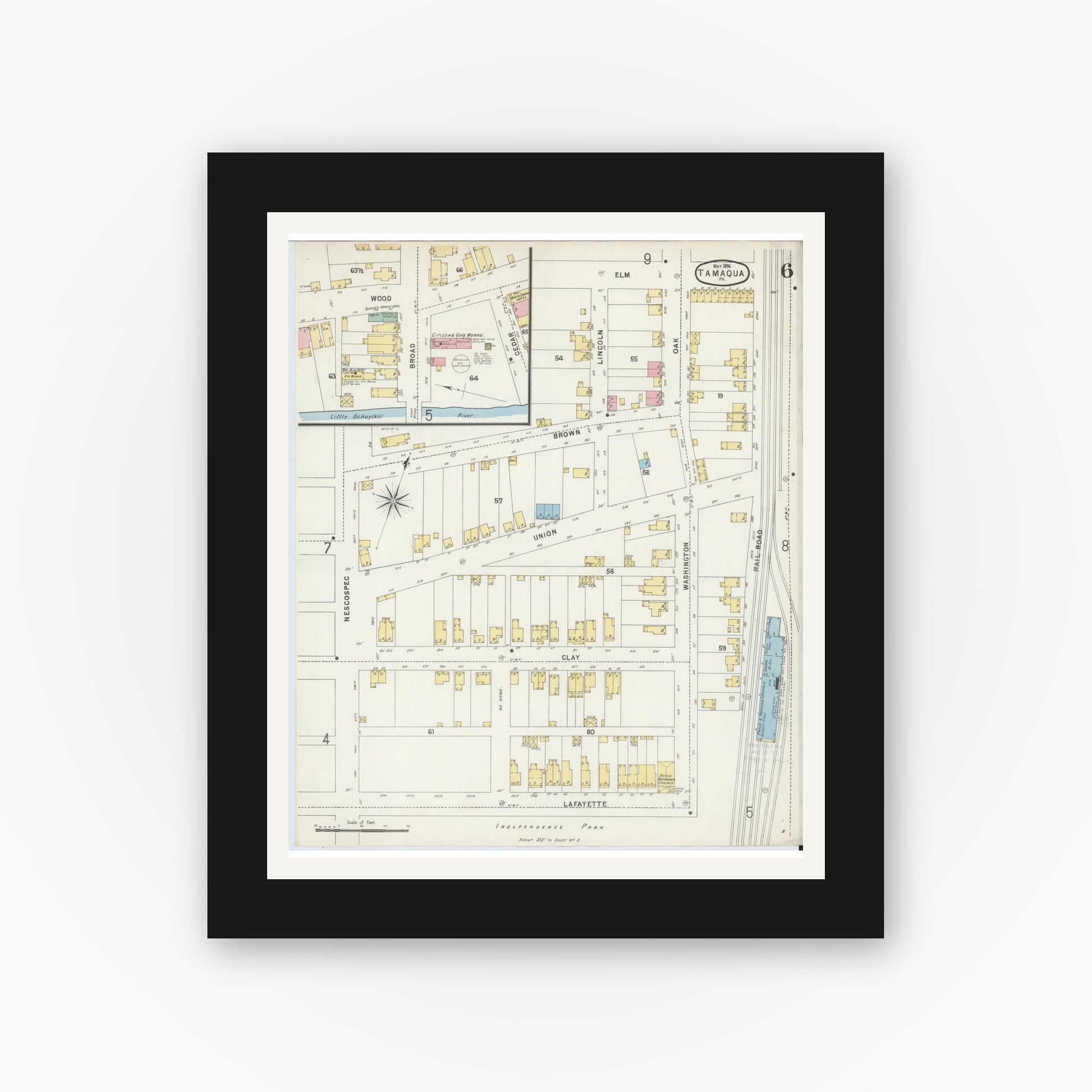 Old map wall art mockup — black gallery frame with white mat — Sanborn Fire Insurance Map from Tamaqua, Schuylkill County, Pennsylvania (1896), Sheet #0006