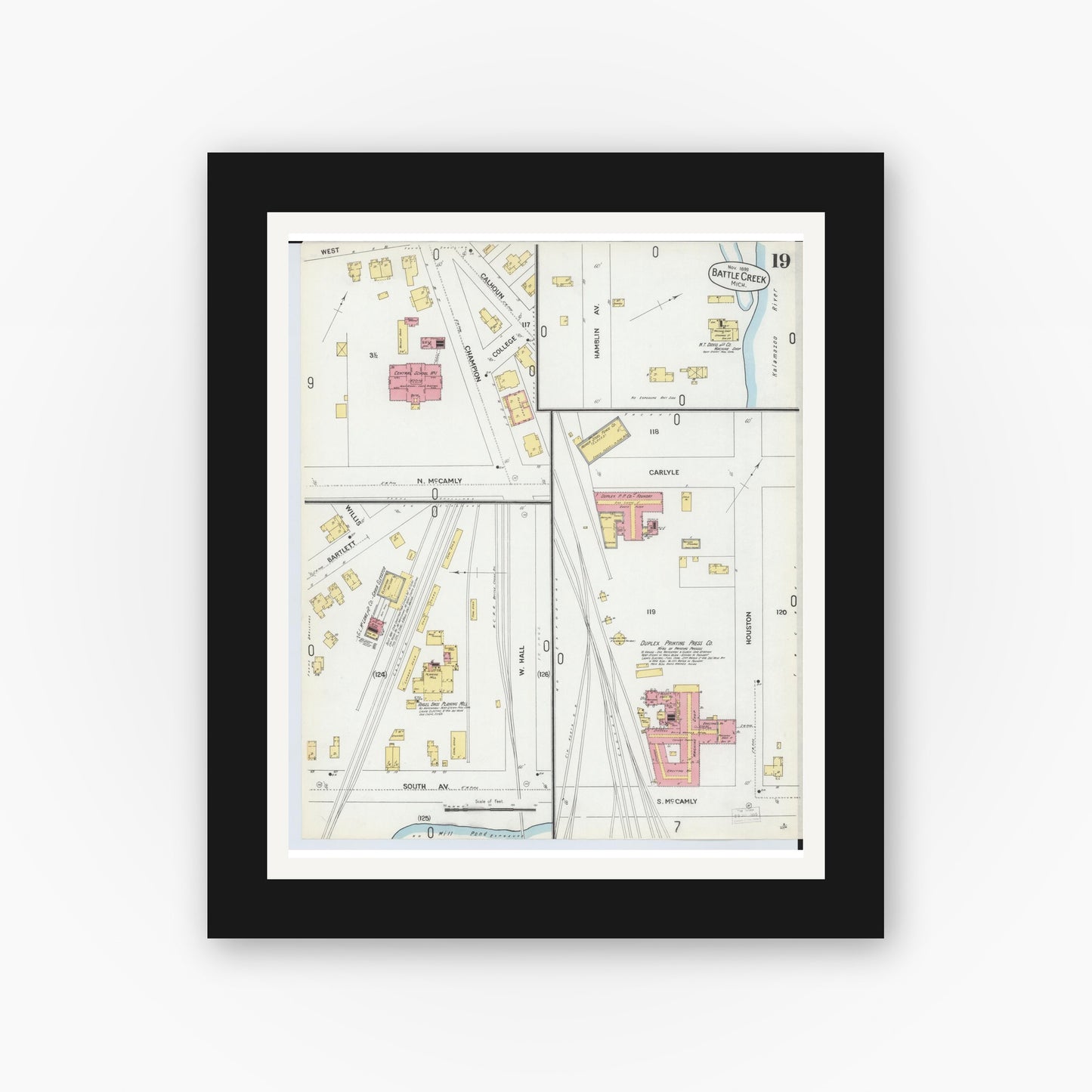 Old map wall art mockup — black gallery frame with white mat — Sanborn Fire Insurance Map from Battle Creek, Calhoun County, Michigan (1899), Sheet #0019