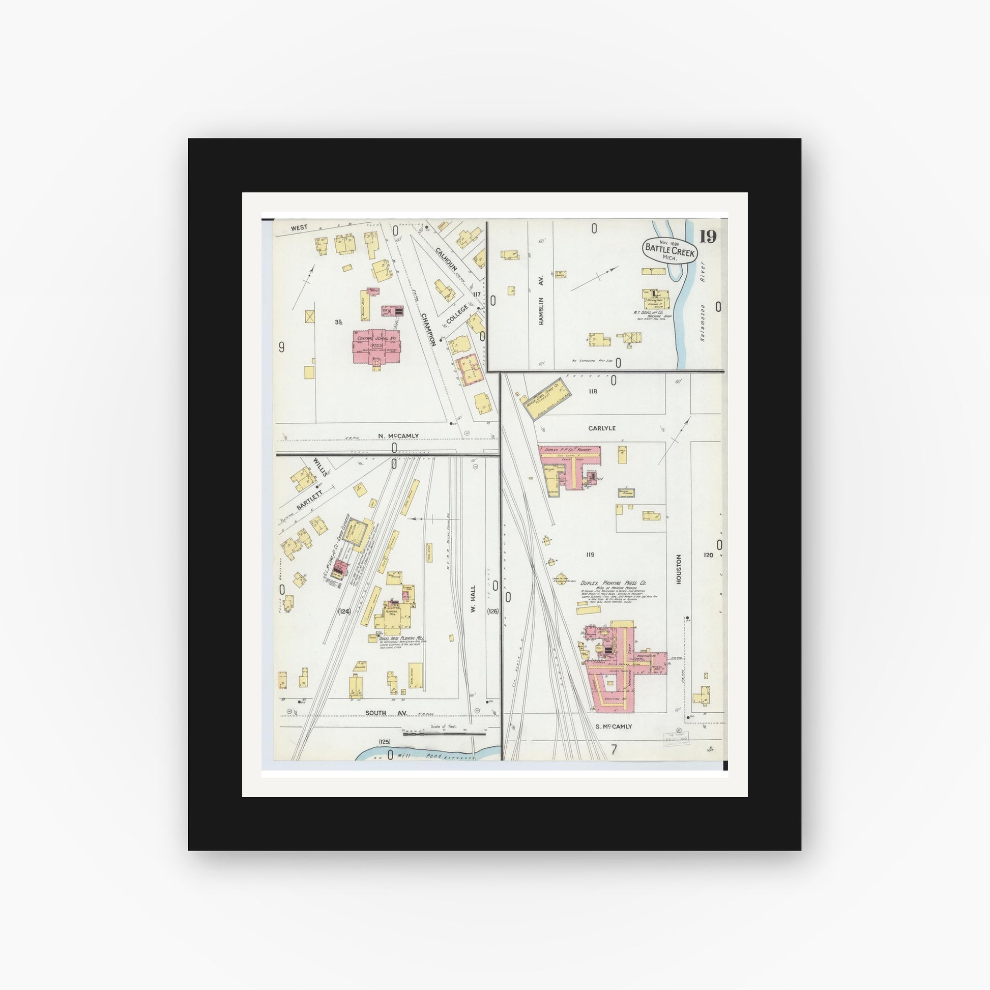 Old map wall art mockup — black gallery frame with white mat — Sanborn Fire Insurance Map from Battle Creek, Calhoun County, Michigan (1899), Sheet #0019