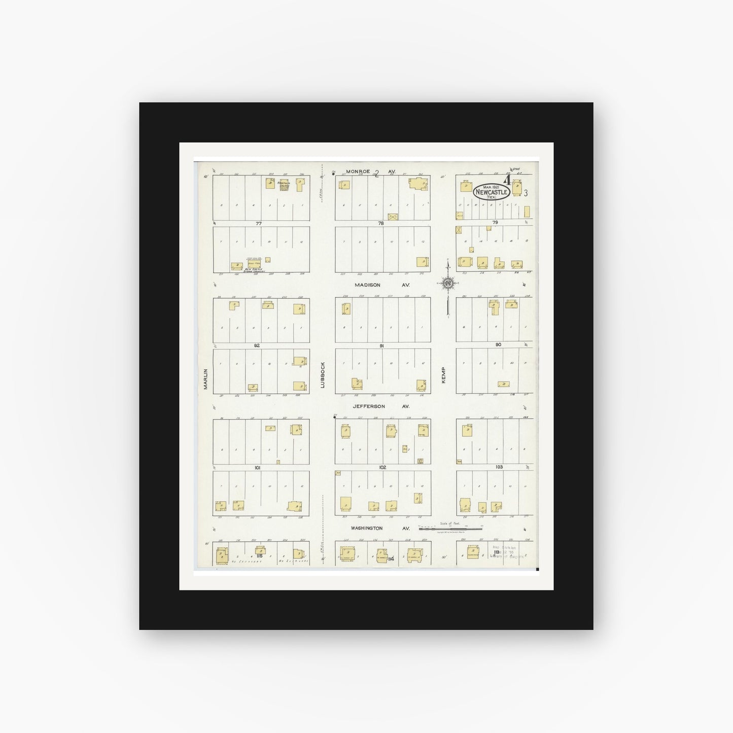 Old map wall art mockup — black gallery frame with white mat — Sanborn Fire Insurance Map from Newcastle, Young County, Texas (1921), Sheet #0004
