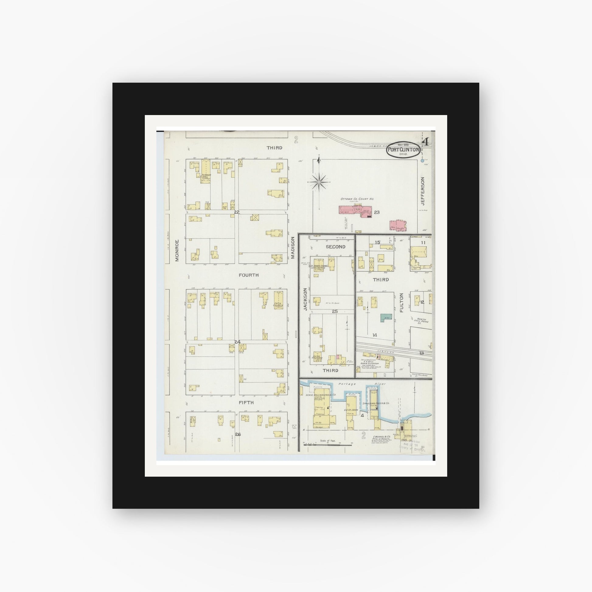 Old map wall art mockup — black gallery frame with white mat — Sanborn Fire Insurance Map from Port Clinton, Ottawa County, Ohio (1893), Sheet #0004