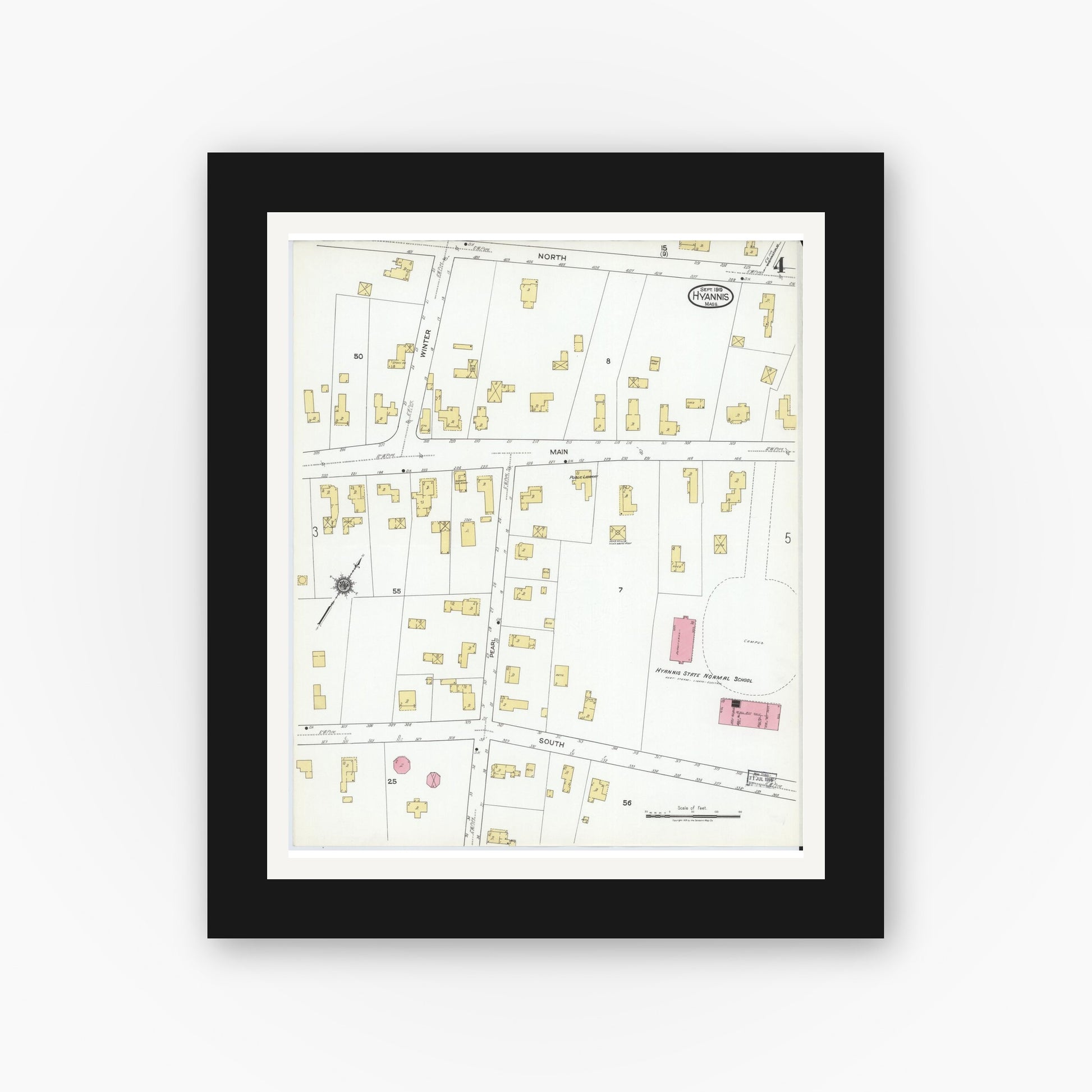 Old map wall art mockup — black gallery frame with white mat — Sanborn Fire Insurance Map from Hyannis, Barnstable County, Massachusetts (1919), Sheet #0004