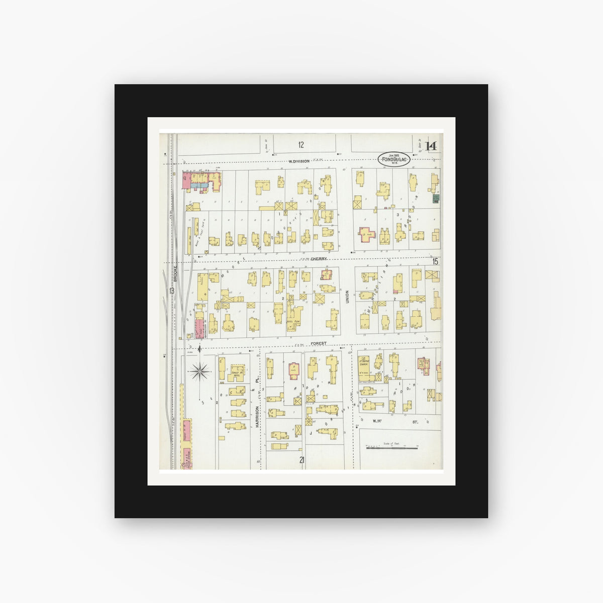 Old map wall art mockup — black gallery frame with white mat — Sanborn Fire Insurance Map from Fond du Lac, Fond du Lac County, Wisconsin (1902), Sheet #0014