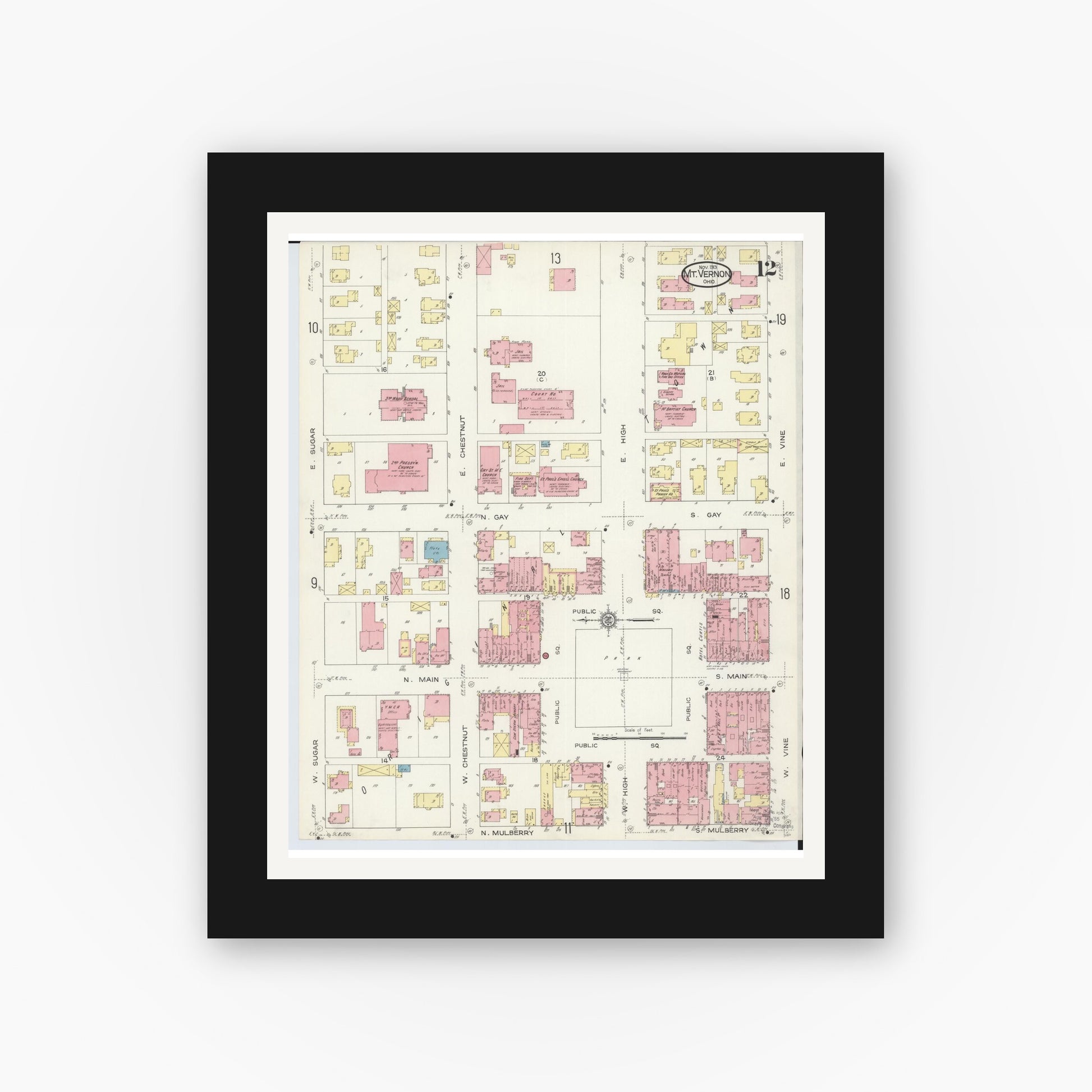 Old map wall art mockup — black gallery frame with white mat — Sanborn Fire Insurance Map from Mount Vernon, Knox County, Ohio (1913), Sheet #0012