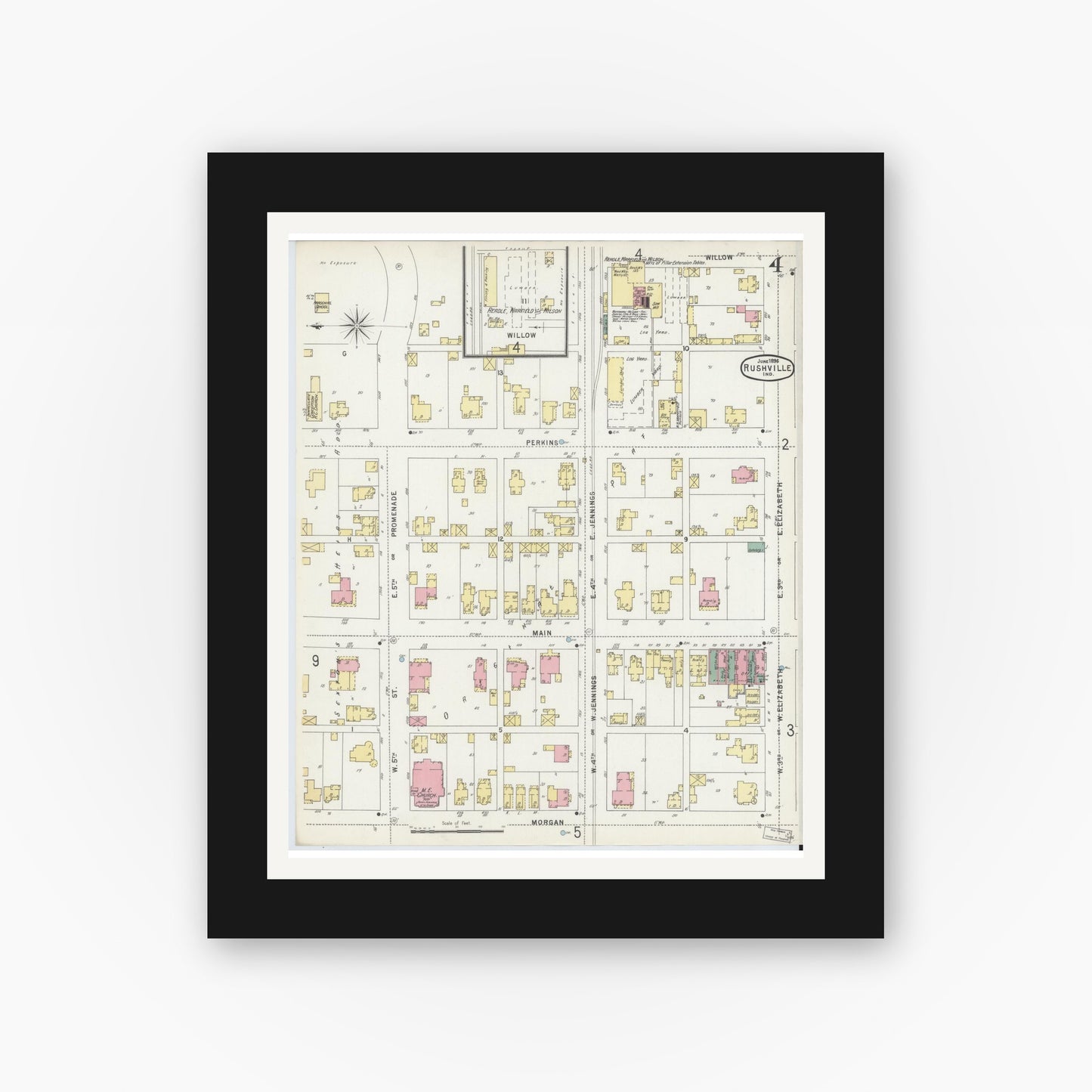 Old map wall art mockup — black gallery frame with white mat — Sanborn Fire Insurance Map from Rushville, Rush County, Indiana (1896), Sheet #0004